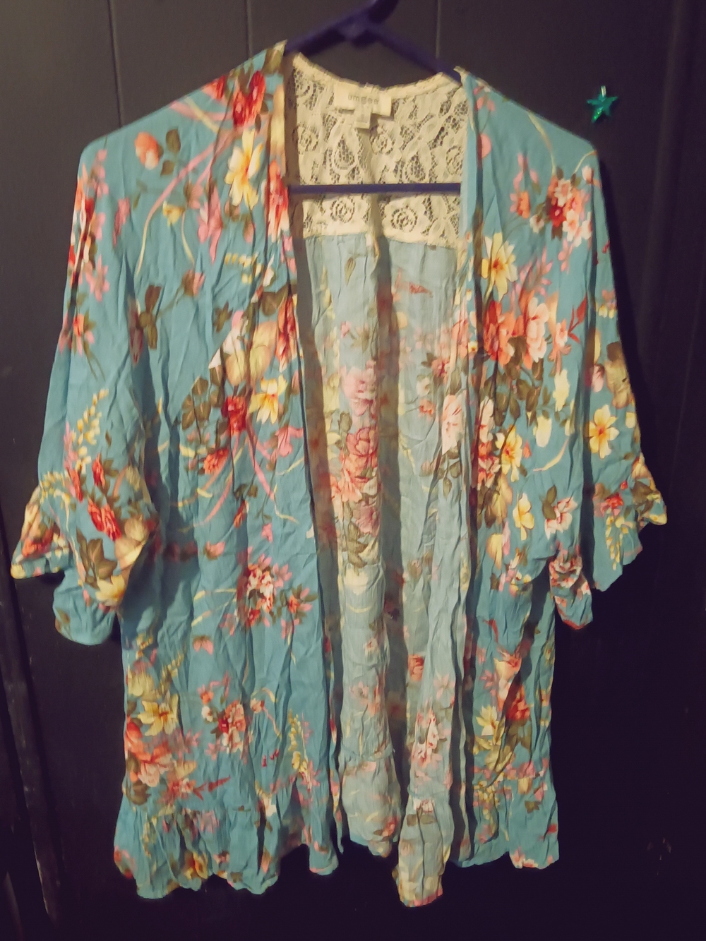 Umgee Aqua Floral Lace-Back Kimono